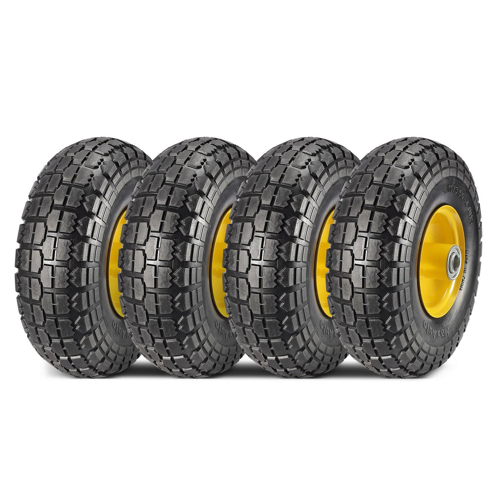 MaxAuto 4-Pack 10 Inch Solid Rubber Tyre Wheels Garden Wagon Cart Trolley Tires 4.10/3.50-4", 2.25" Offset Hub, 5/8" Bearings, Yellow Steel