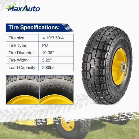 Image of MaxAuto 4-Pack 10 Inch Solid Rubber Tyre Wheels Garden Wagon Cart Trolley Tires 4.10/3.50-4", 2.25" Offset Hub, 5/8" Bearings, Yellow Steel