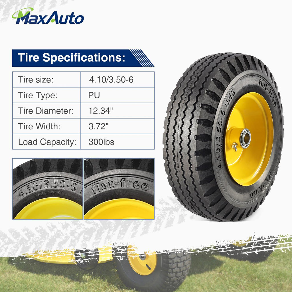 MaxAuto 2 Pcs 4.10/3.50-6" Flat Free Tire, Hand Truck/All Purpose Utility Tire on Wheel, 3" Centered Hub, 3/4" Bearings, Yellow Steel