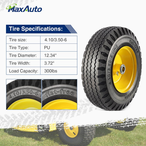 Image of MaxAuto 2 Pcs 4.10/3.50-6" Flat Free Tire, Hand Truck/All Purpose Utility Tire on Wheel, 3" Centered Hub, 3/4" Bearings, Yellow Steel