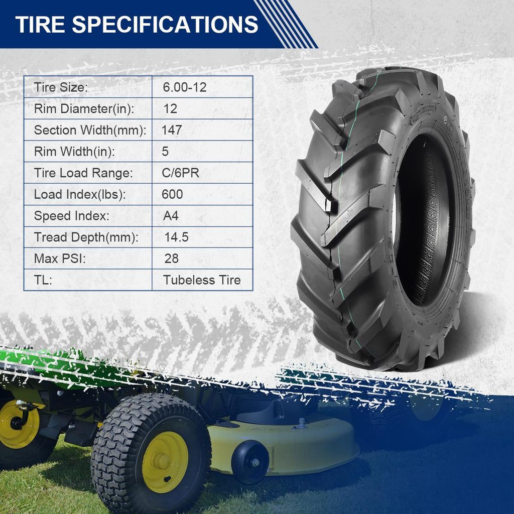 MaxAuto Farm Tractor Tire 6.00-12 Replace Kubota 7100 Series H167,2Pcs