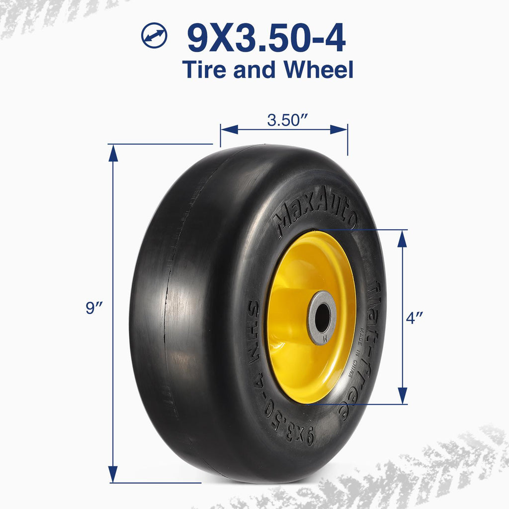 MaxAuto 2PCS 9x3.50-4" Flat Free Lawnmower Tire on Wheel, 3.5" Centered Hub, 3/4" Bushings(Universal Adapter Kit Include: 2pcs 5/8" Sintered Iron Bushings, 2pcs 1/4" Nylon Spacers, 4pcs Steel Washers)