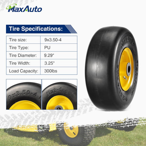 Image of MaxAuto 4 Pcs 9x3.50-4"Flat Free Tire on Wheel for Zero Turn Mower, 3.5" Centered Hub, 3/4" Bushings