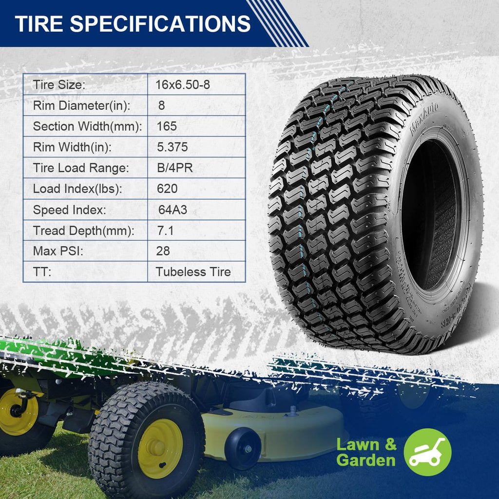 MaxAuto 2 Pcs 16x6.50-8 Lawn Mower Tire for Garden Tractors Ridings, 4PR, Tubeless