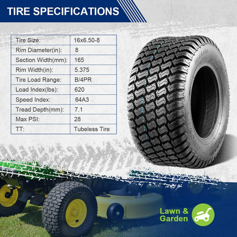 Image of MaxAuto 2 Pcs 16x6.50-8 Lawn Mower Tire for Garden Tractors Ridings, 4PR, Tubeless
