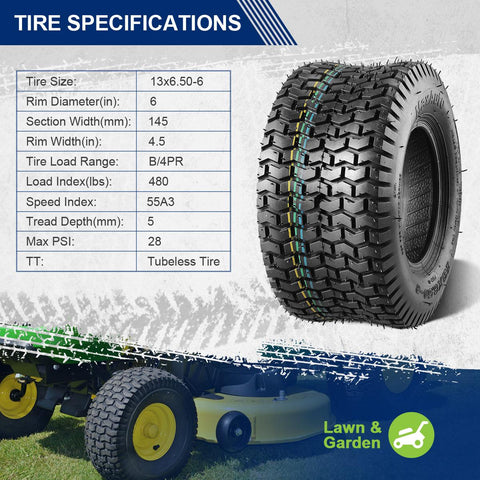 Image of MaxAuto 2 Pcs 13x6.50-6 Turf Tire Mower Lawn and Garden Tractor, 4PR