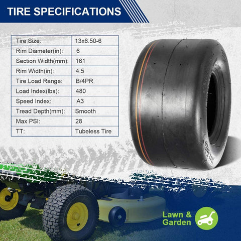 Image of MaxAuto 2 Pcs 13X6.50-6 Smooth Turf Tires for Lawn Tractor, 4 Ply, Tubeless